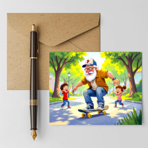 raxxa Postkarte: Grandpa practicing skateboarding with grandson watching