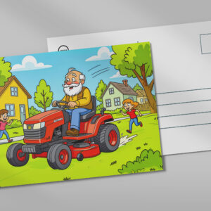 raxxa Postkarte: Grandpa mowing the lawn on a ride-on tractor