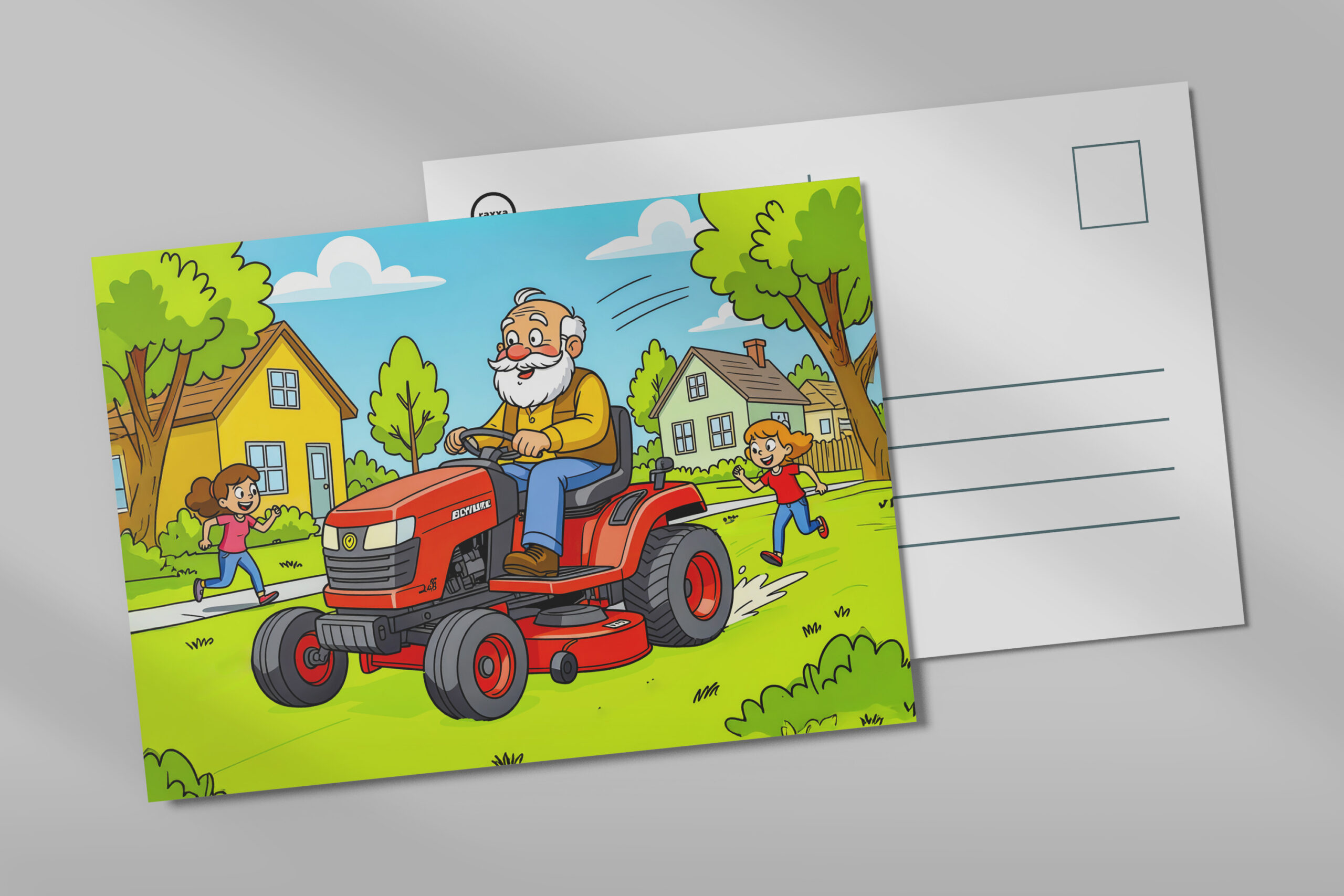 raxxa Postkarte: Grandpa mowing the lawn on a ride-on tractor