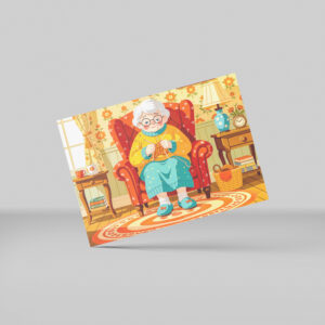 raxxa Postkarte: Grandmother knitting in Armchair – Illustration