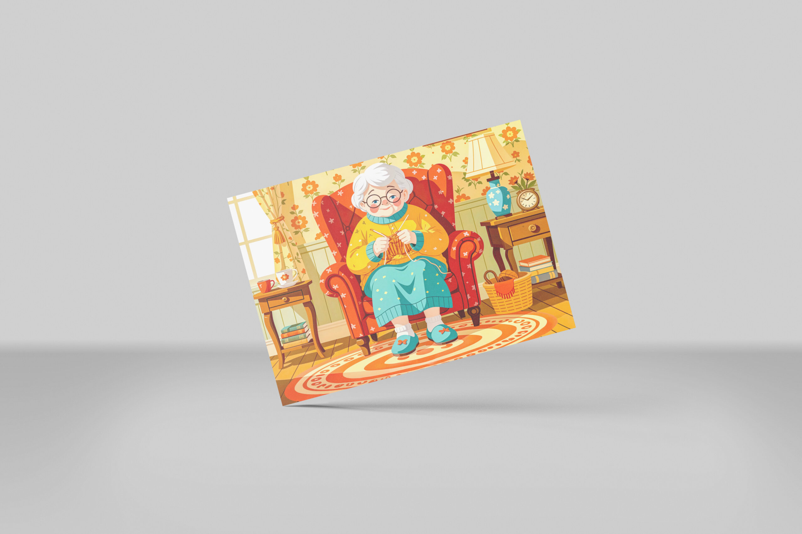 raxxa Postkarte: Grandmother knitting in Armchair – Illustration
