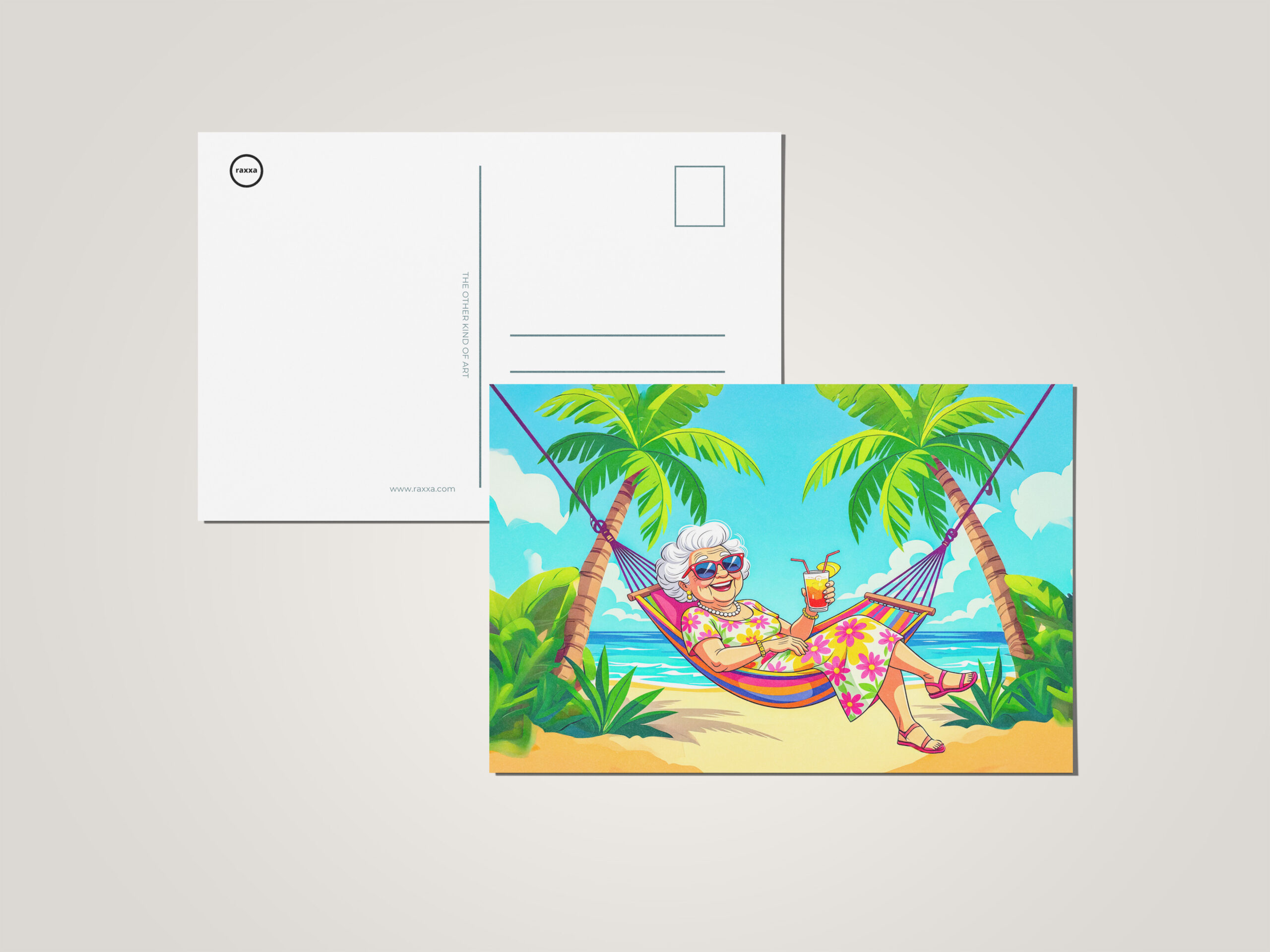 raxxa Postkarte: Grandmother in Hammock with Cocktail Illustration