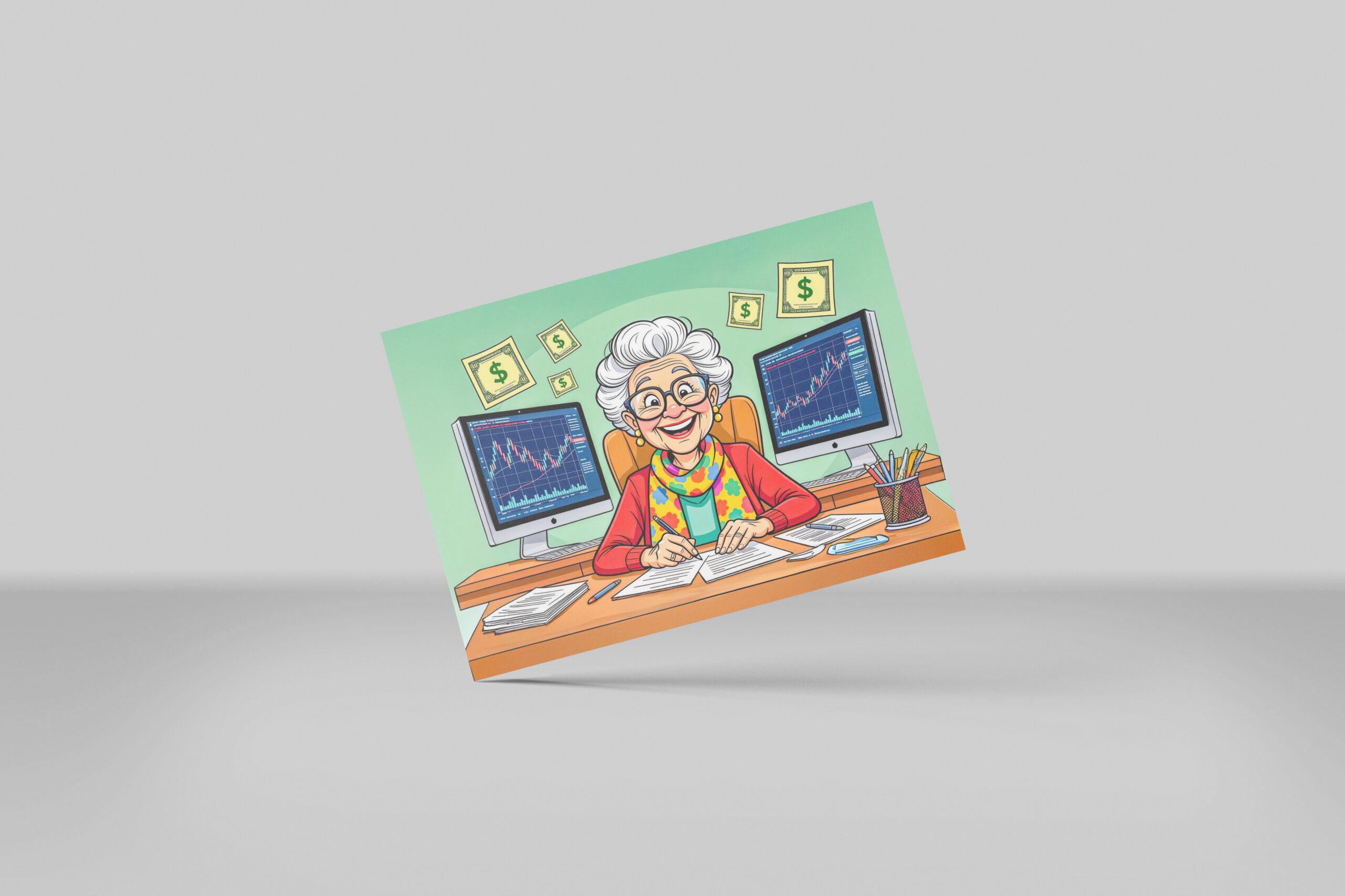 raxxa Postkarte: Grandmother Stock Trading Illustration