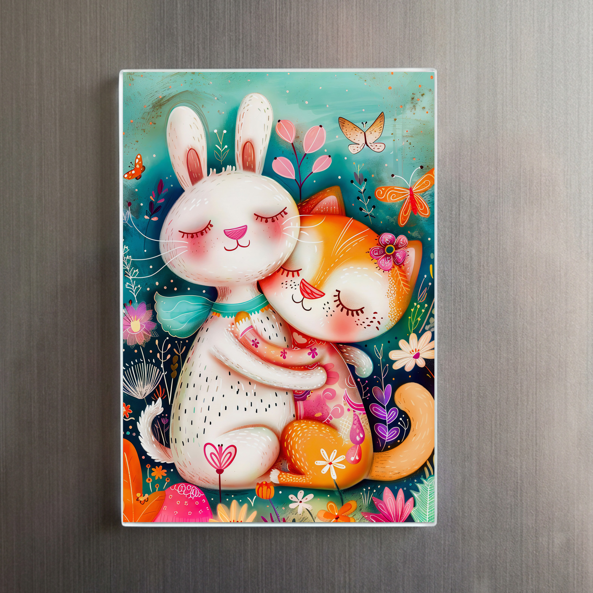 raxxa Glas-Magnet: Rabbit and Cat Hugging each other with butterflys flying – Image 2