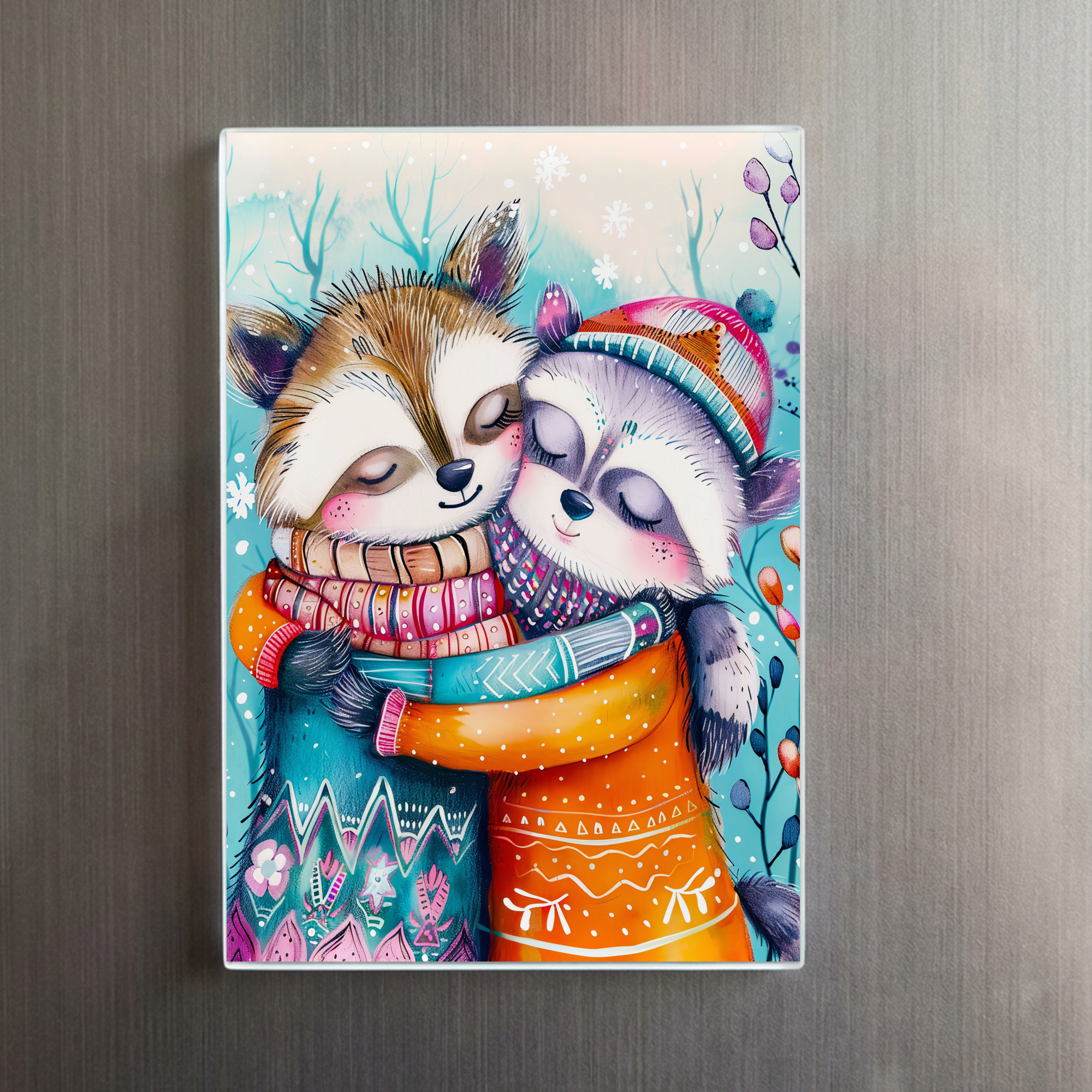raxxa Glas-Magnet: Two Raccoons Hugging in Winter – Image 2