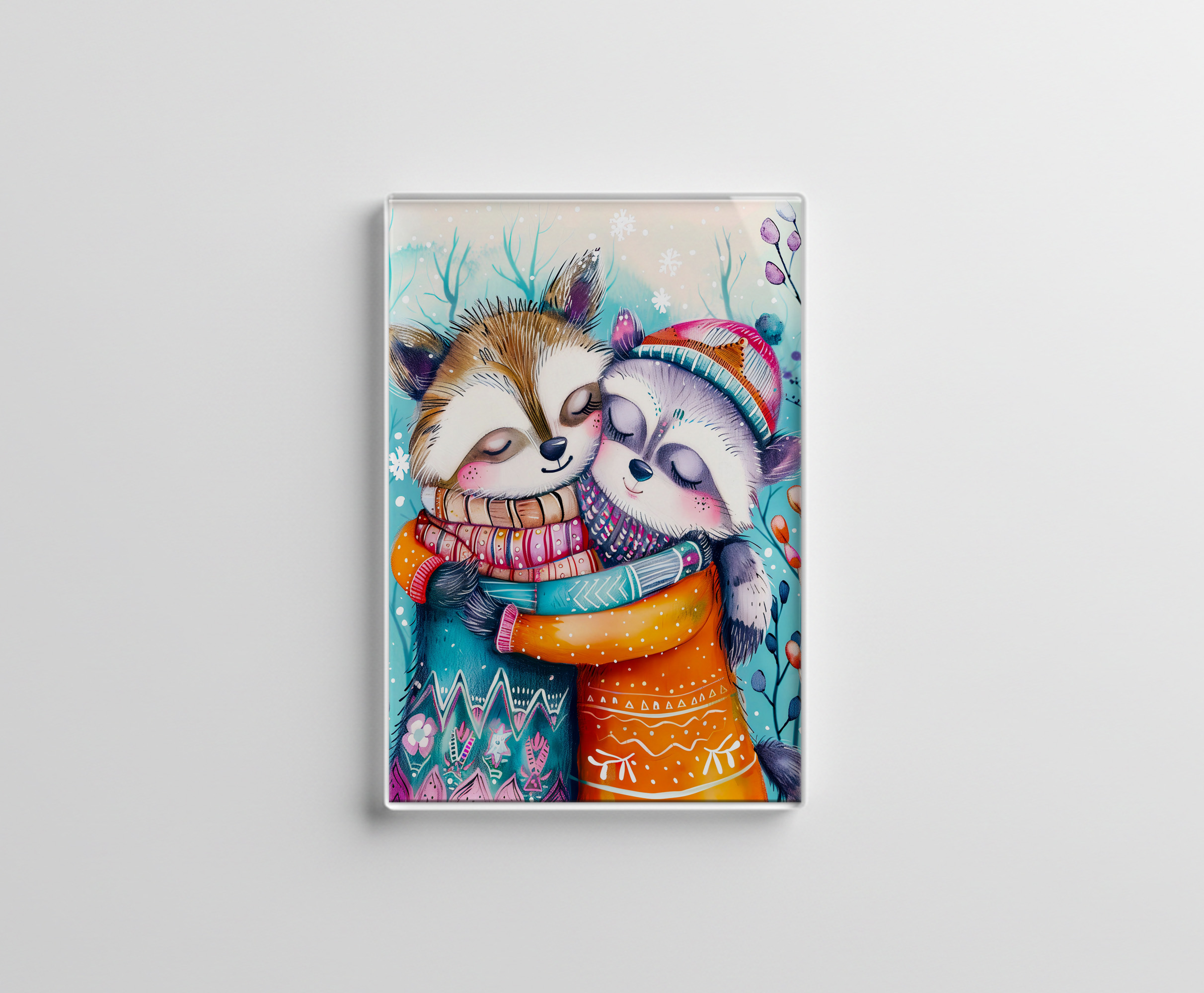 raxxa Glas-Magnet: Two Raccoons Hugging in Winter