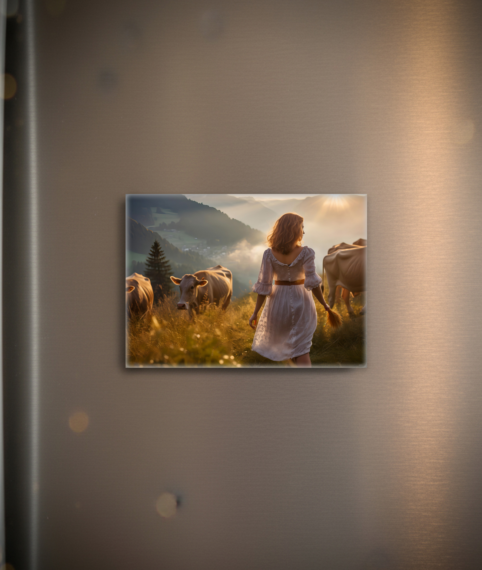 raxxa Glas-Magnet: Woman with Cows in Sunset Pasture
