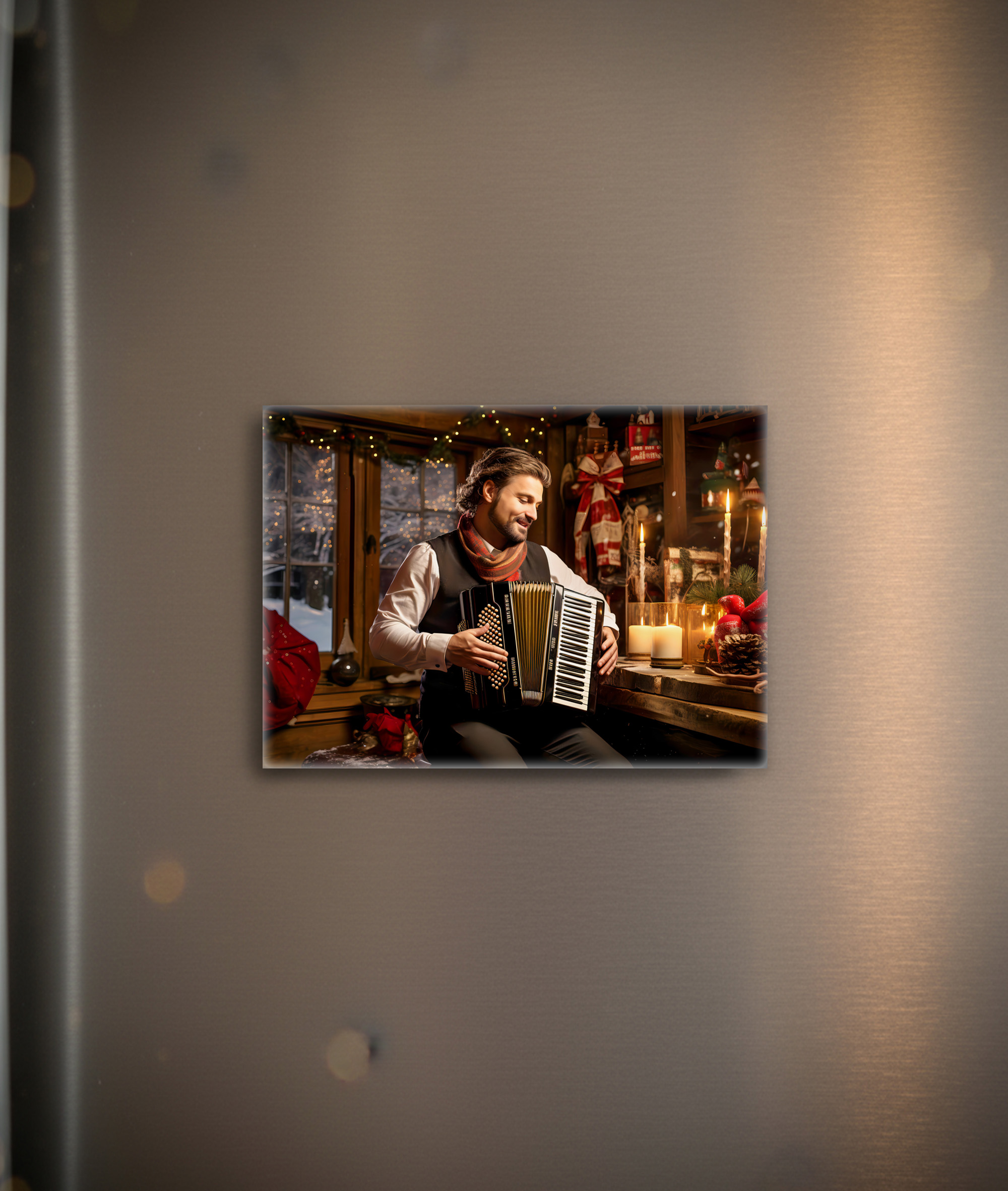 raxxa Glas-Magnet: Accordion Player in Cozy Christmas Cabin