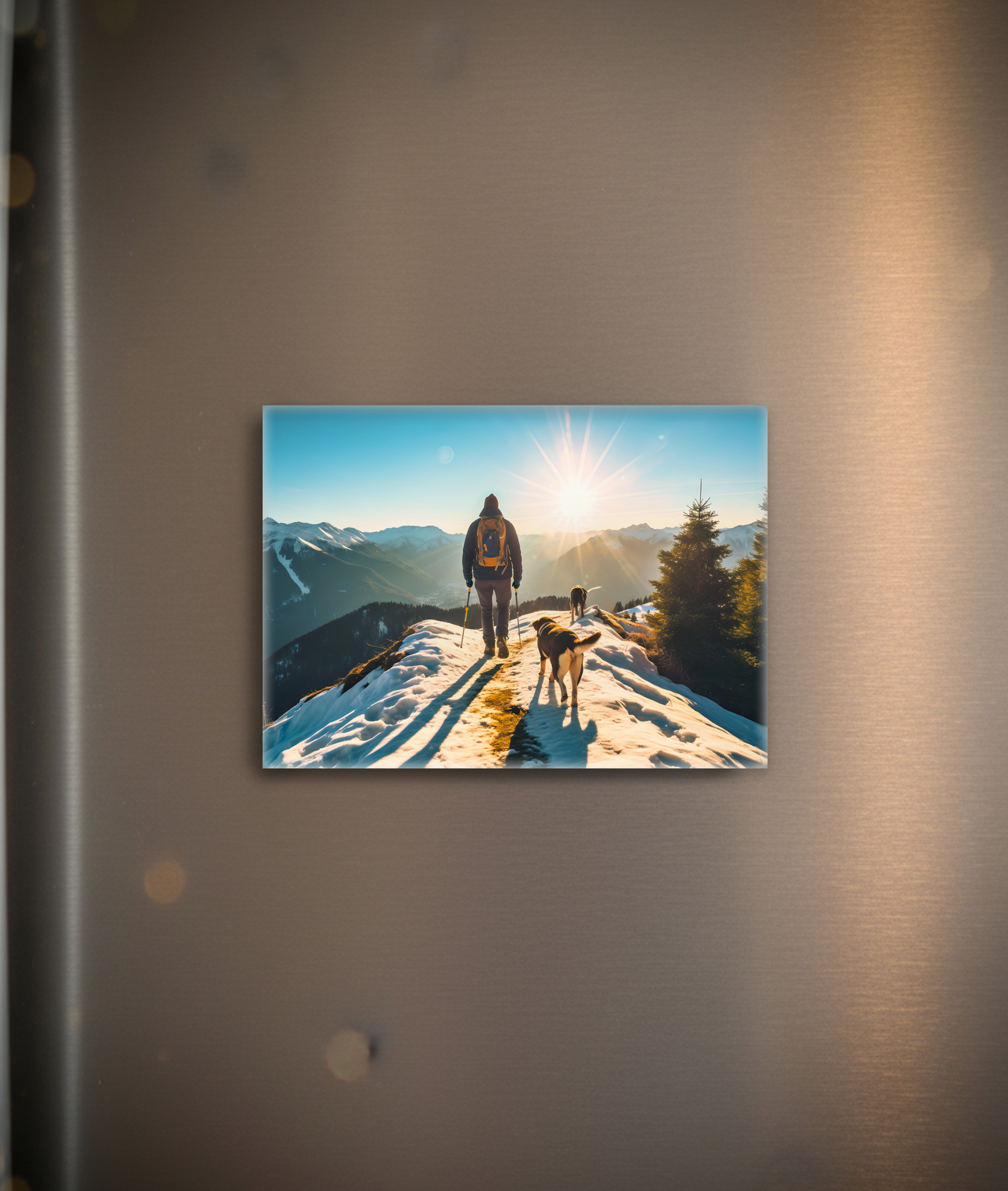raxxa Glas-Magnet: Hiker with Dog on Snowy Mountain Trail
