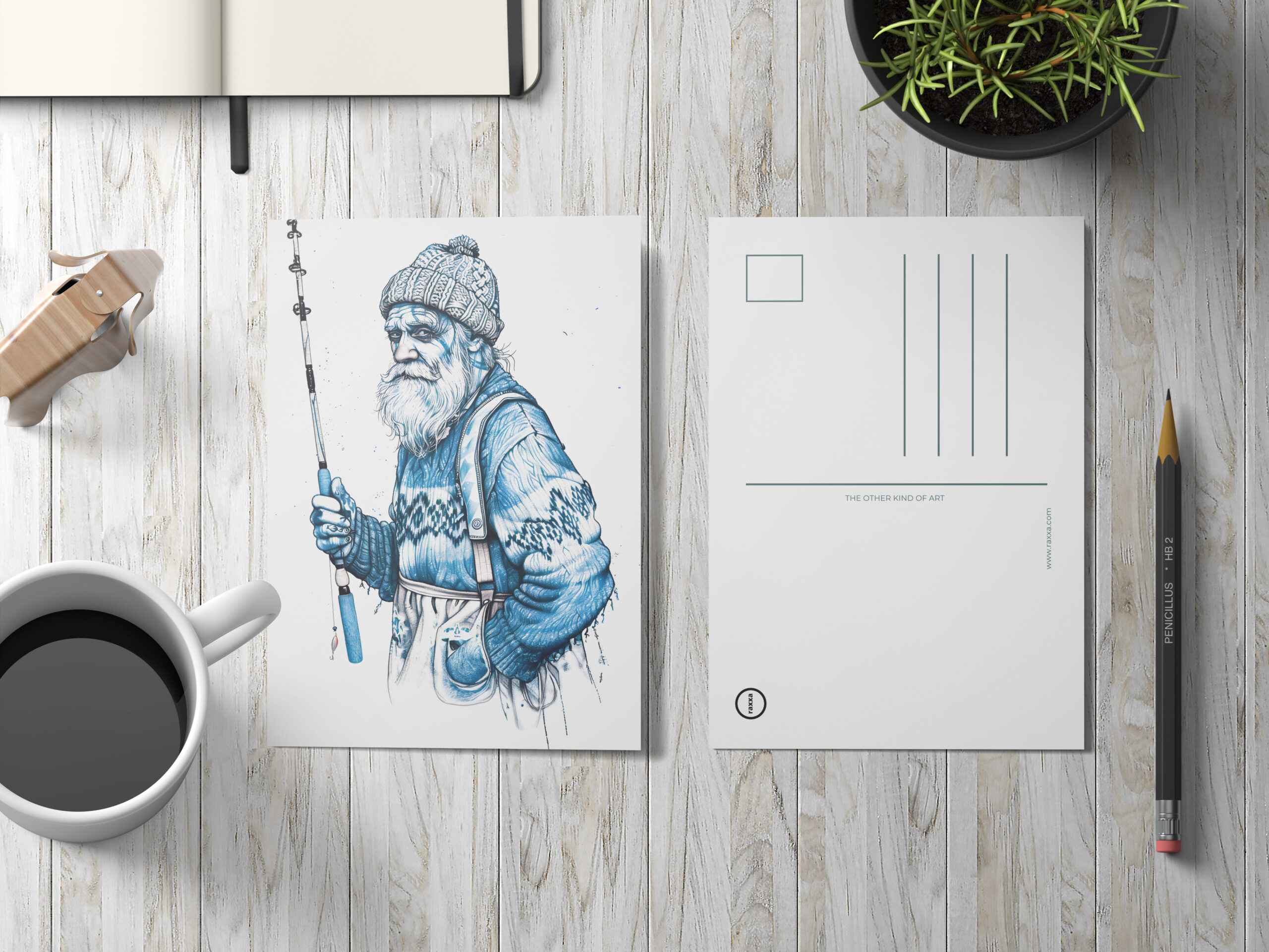 raxxa Postkarte: Elderly Sailor Standing Calm Holding Fishing Rod