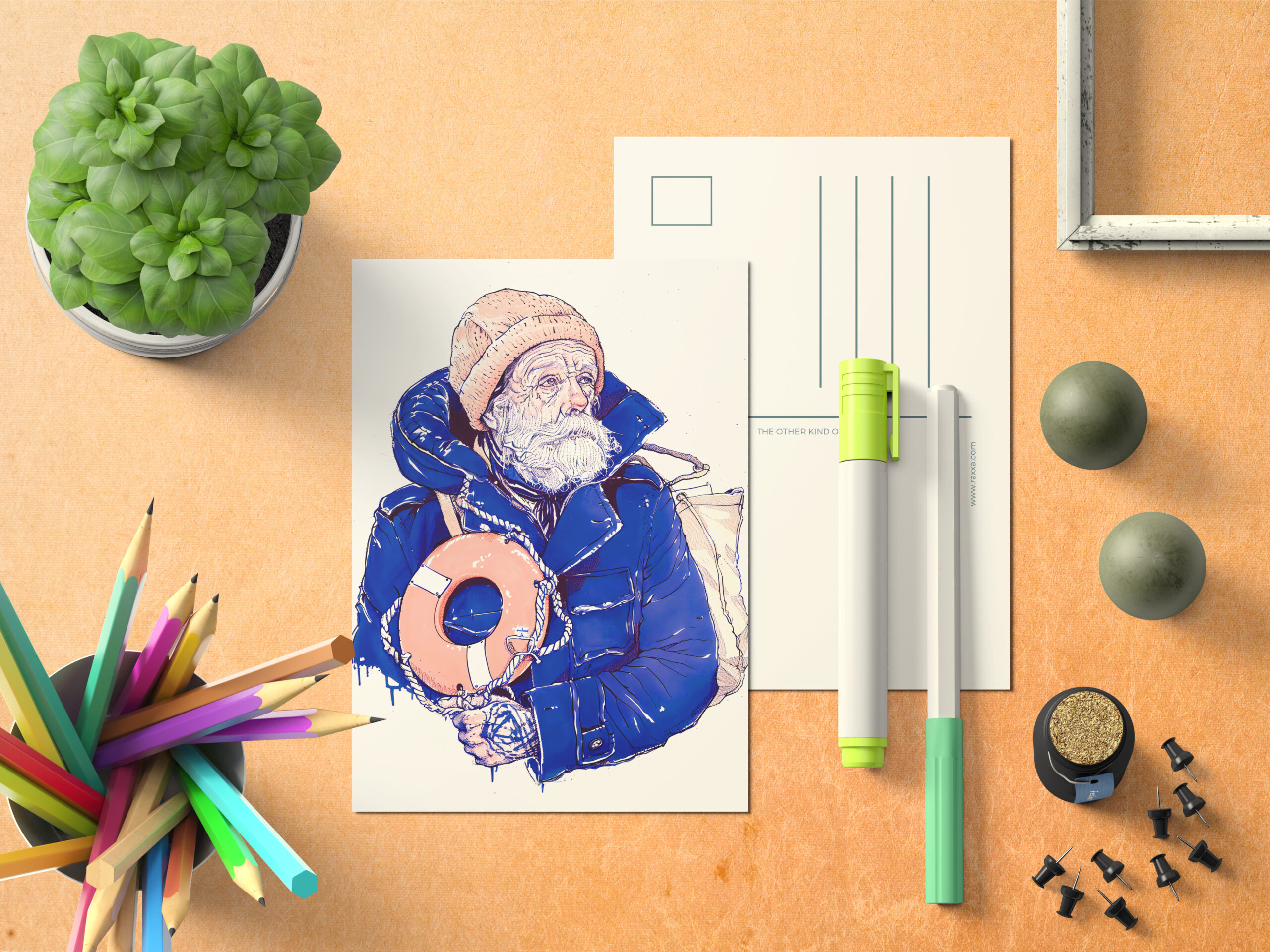 raxxa Postkarte: Sailor Holding Lifebuoy Wearing Orange Knit Cap - Image 3