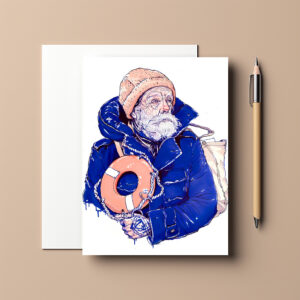 raxxa Postkarte: Sailor Holding Lifebuoy Wearing Orange Knit Cap