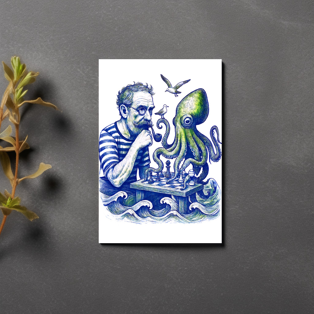raxxa Postkarte: Sailor Playing Chess With Large Curious Octopus