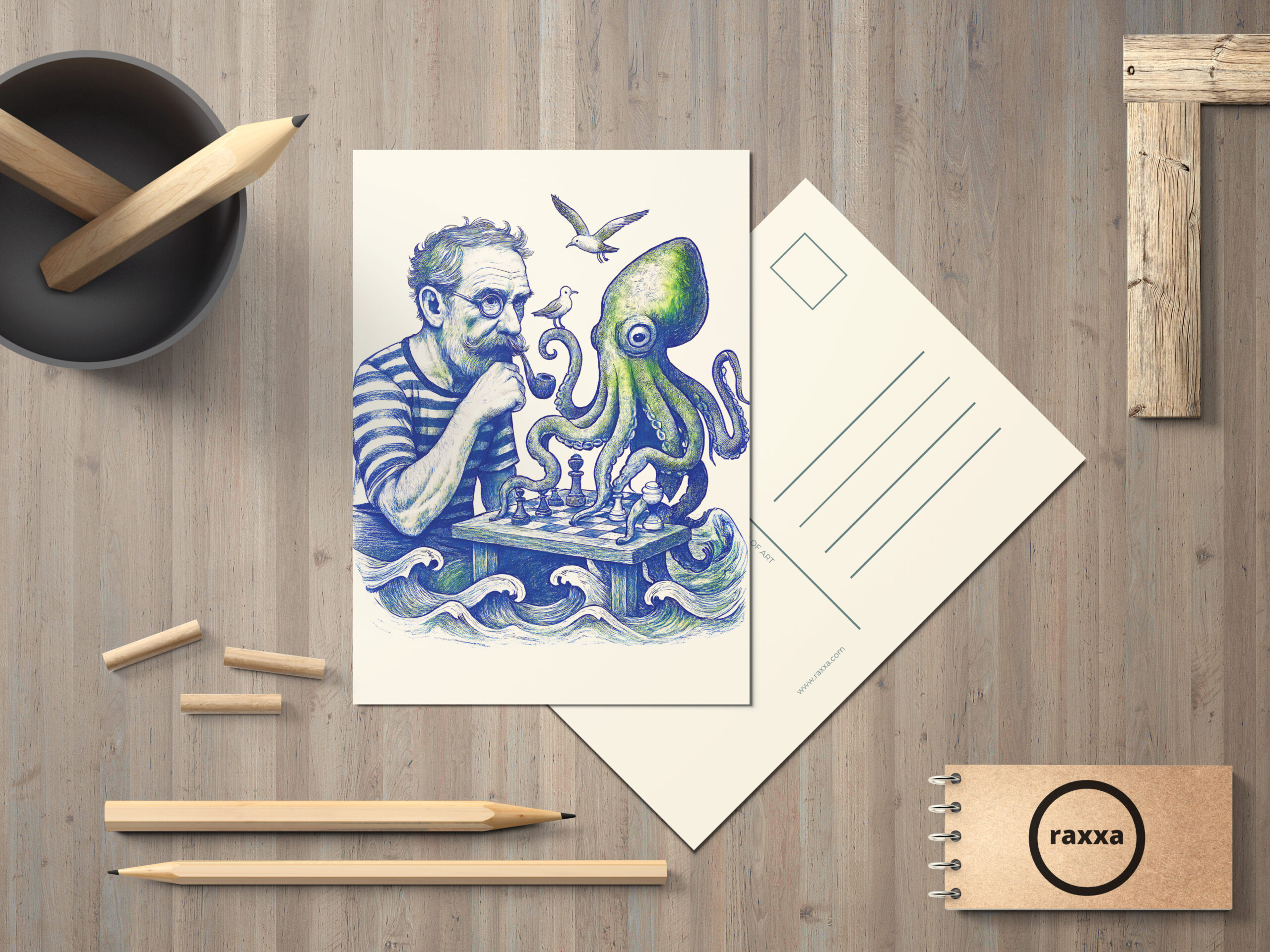 raxxa Postkarte: Sailor Playing Chess With Large Curious Octopus – Bild 2