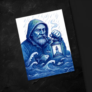 raxxa Postkarte: Sailor Holding Lantern While Fish Holds Umbrella