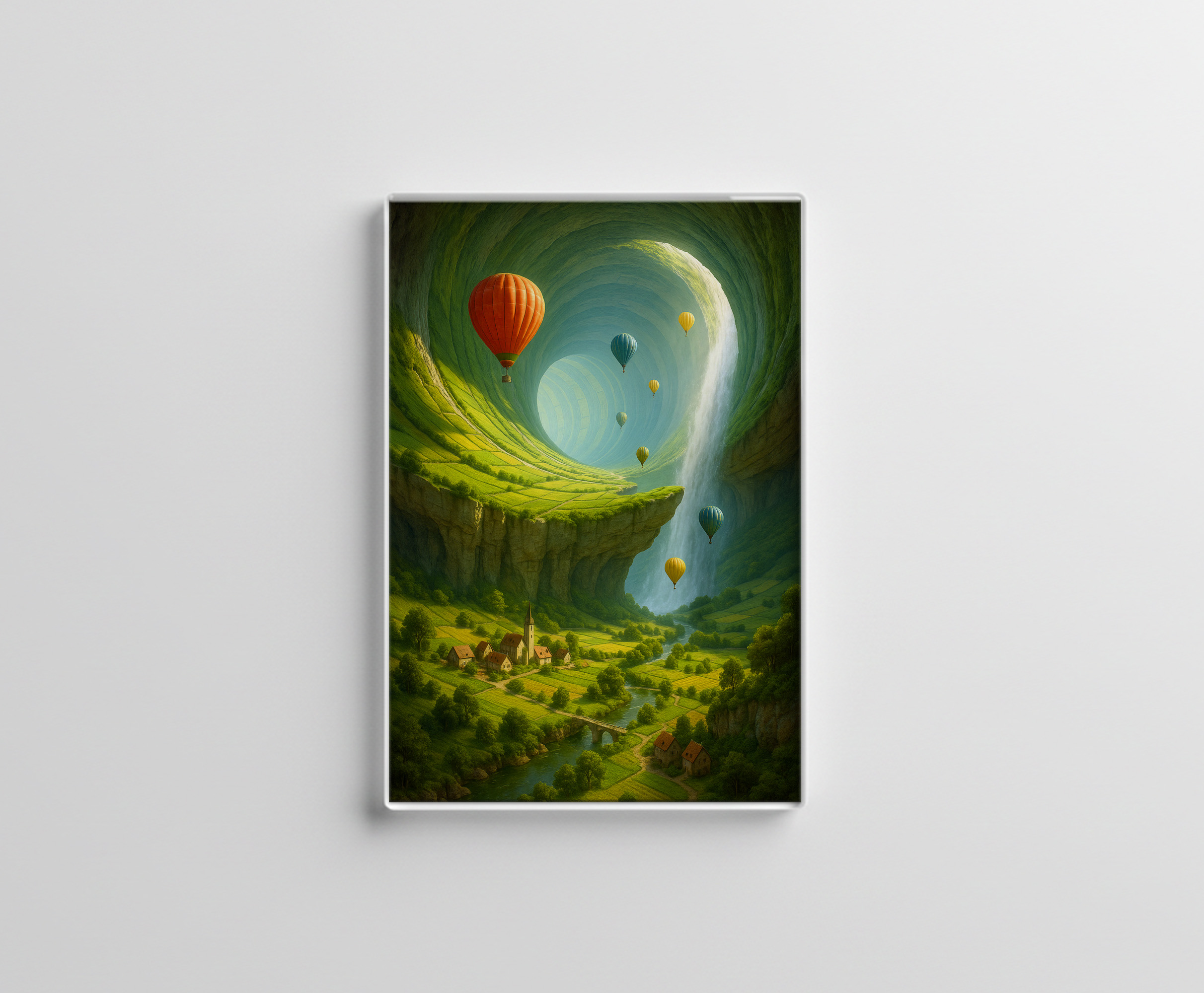 raxxa Glas-Magnet: Tunnel-Tal mit Heißluftballons und Wasserfall
