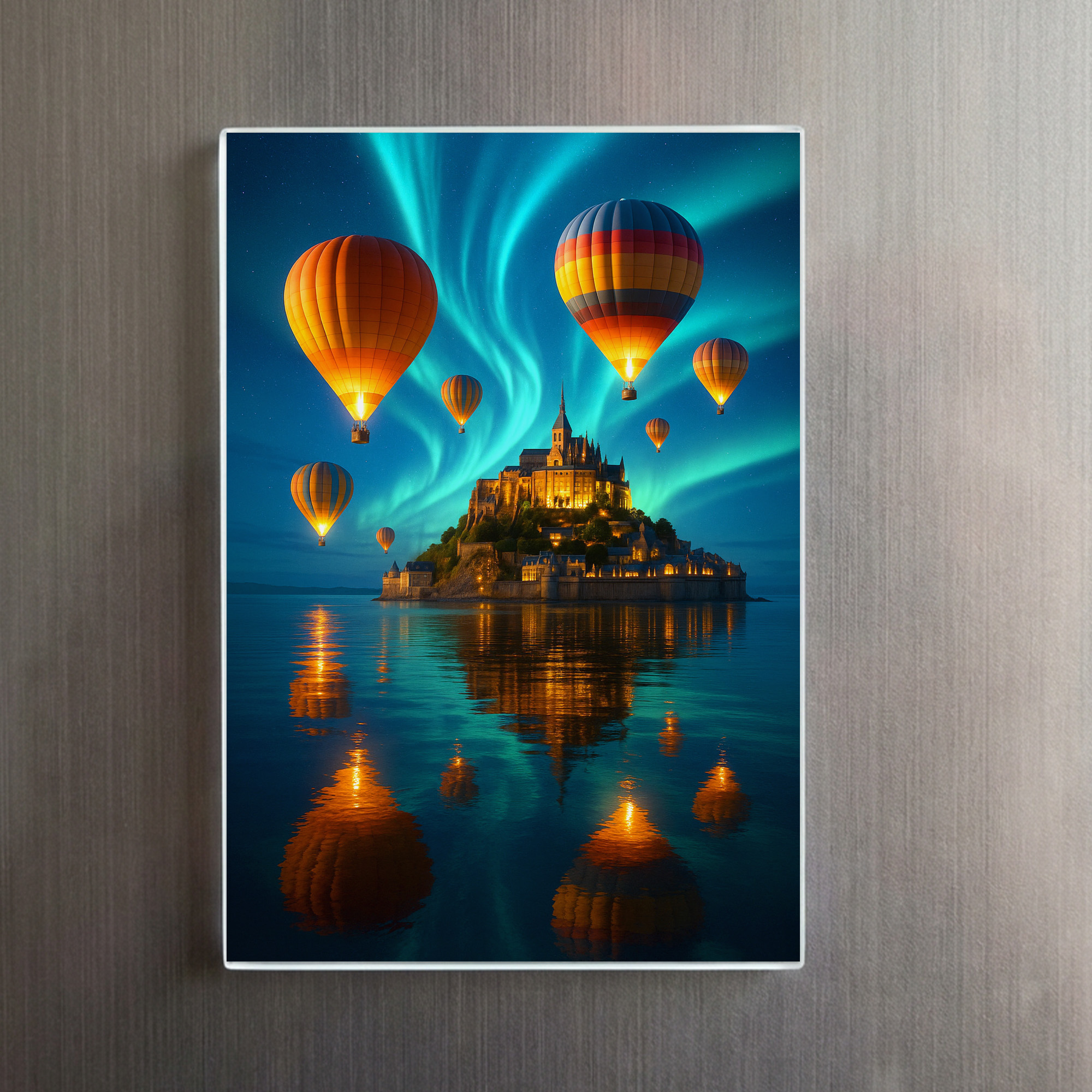 raxxa Glas-Magnet: Leuchtende Ballons und Polarlichter über einer Burg im Wasser – Bild 2