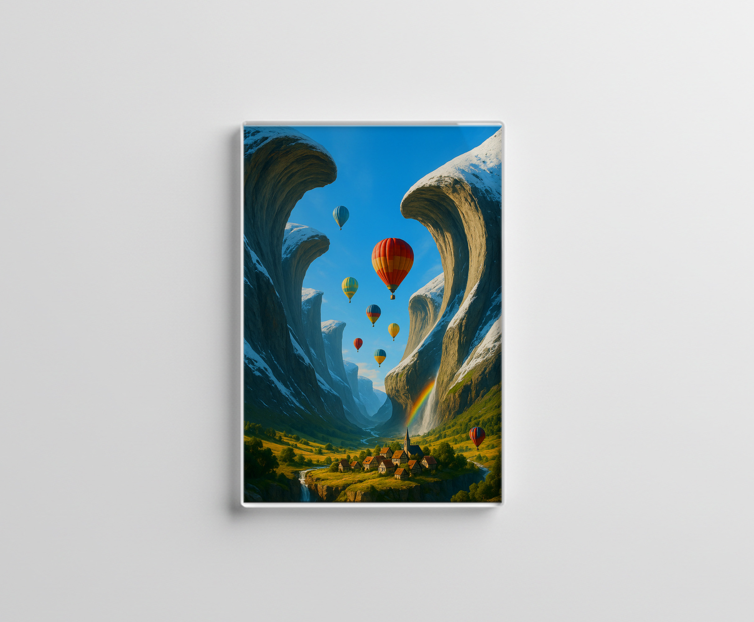 raxxa Glas-Magnet: Fantasylandschaft mit spektakulären Felswänden und Heißluftballons