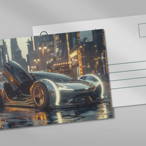 raxxa Postkarte: Futuristisches Luxusauto in Neonstadt