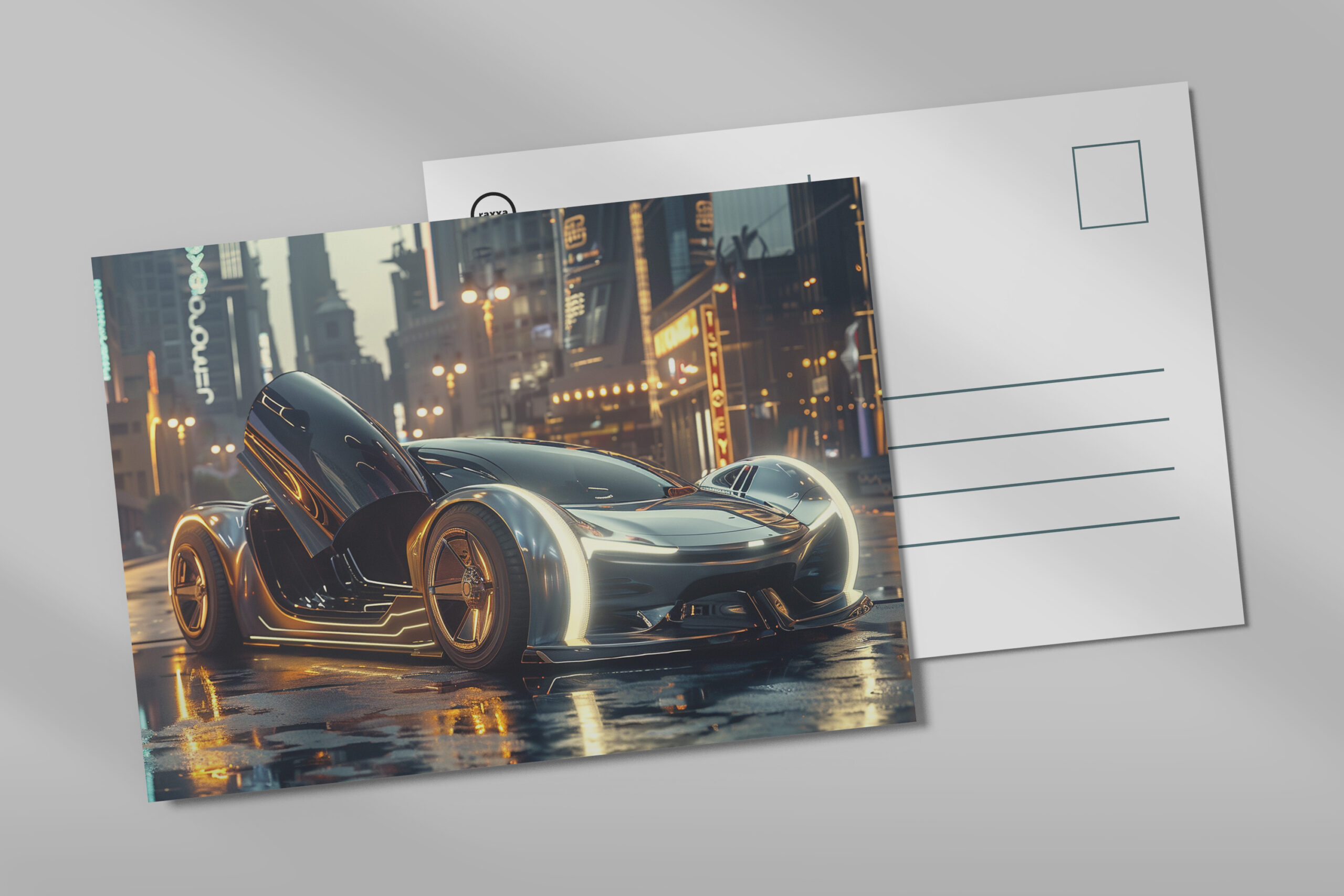 raxxa Postkarte: Futuristisches Luxusauto in Neonstadt