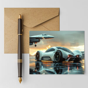 raxxa Postkarte: Weißes Zukunftsauto mit Jet im Hintergrund - Aerodynamik trifft Luxus