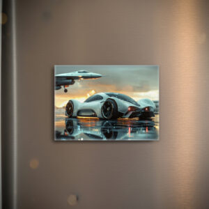 raxxa Glas-Magnet: Weißes Zukunftsauto mit Jet im Hintergrund - Aerodynamik trifft Luxus