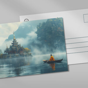 raxxa Postkarte: Insel des Geistes - buddhistischer Mönch im Boot