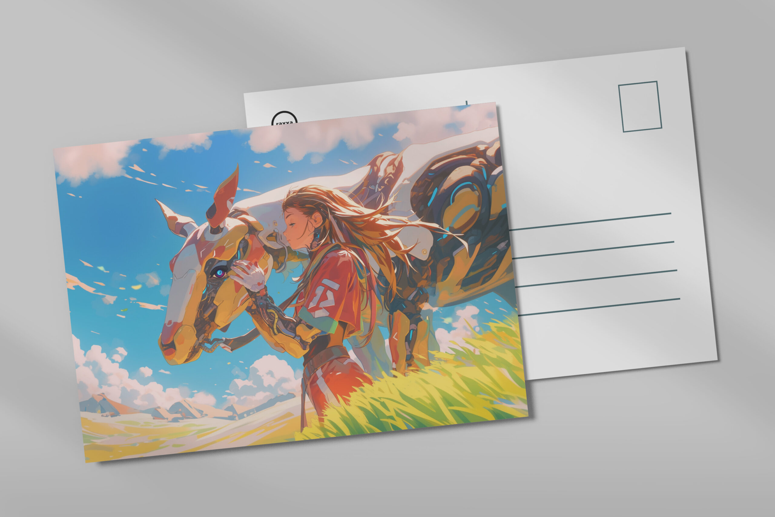 raxxa Postkarte: Tierwesen und Cyborg in enger Verbindung