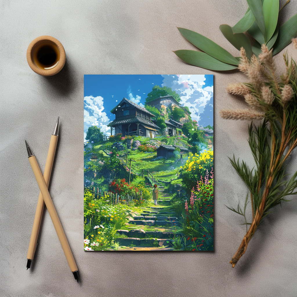 raxxa Postkarte: Pfad zum Hügeldorf - Anime Stil