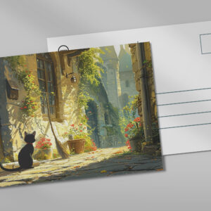 raxxa Postkarte: Die schwarze Katze in der Gasse - Anime Stil