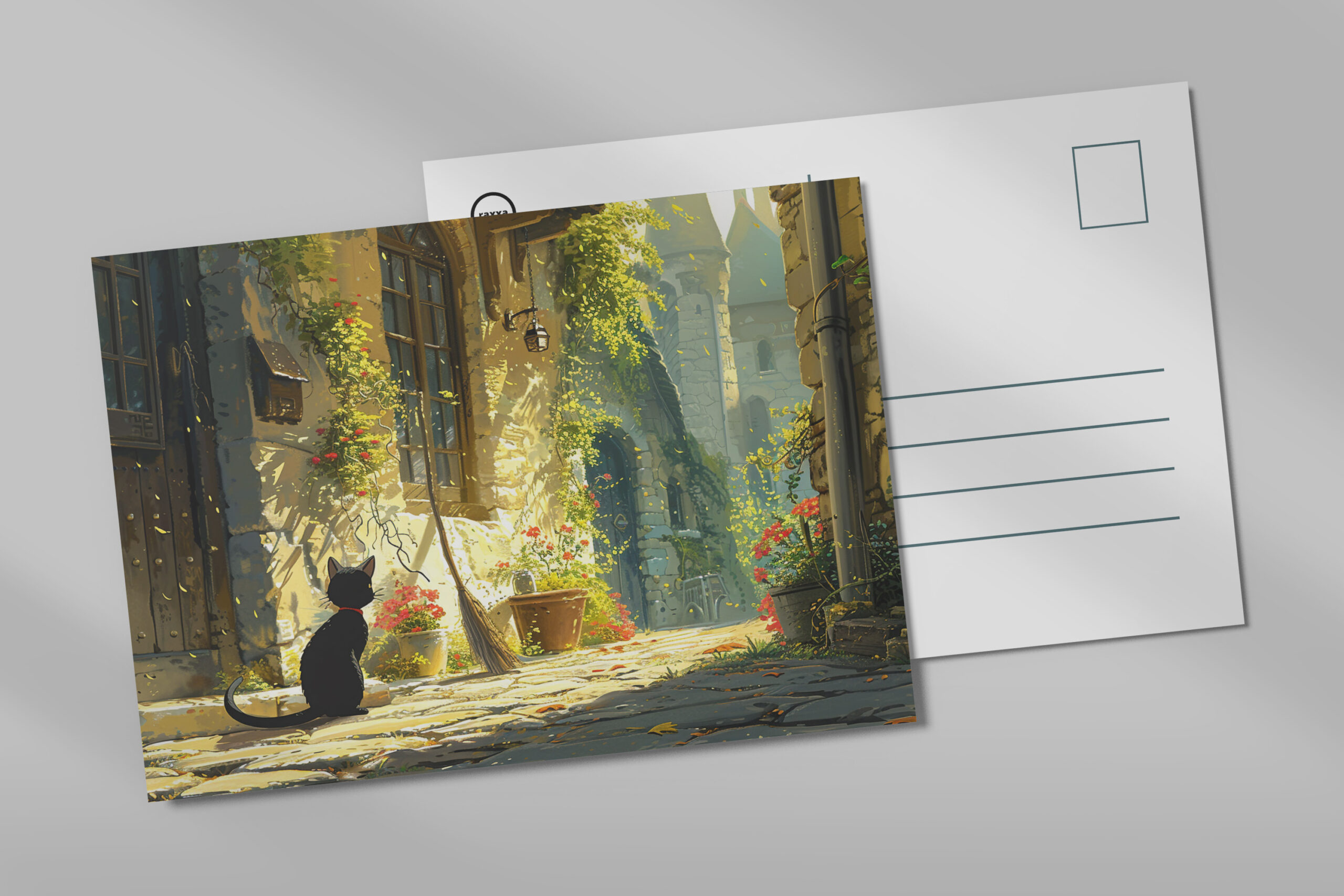 raxxa Postkarte: Die schwarze Katze in der Gasse - Anime Stil