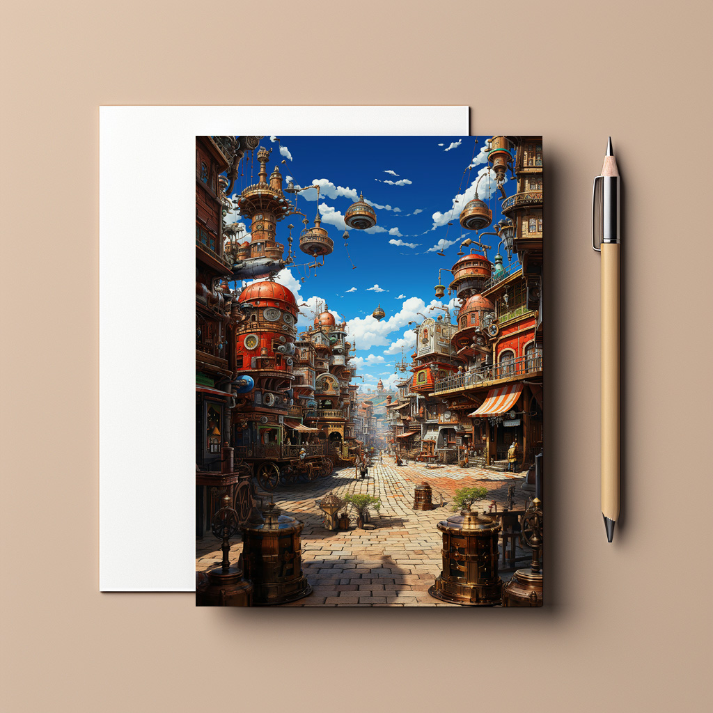raxxa Postkarte: Schwebende Türme der Zukunft - Anime Steampunk