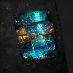 raxxa Postkarte: Leuchtende Wasserstadt im Verborgenen Wald - Anime Stil