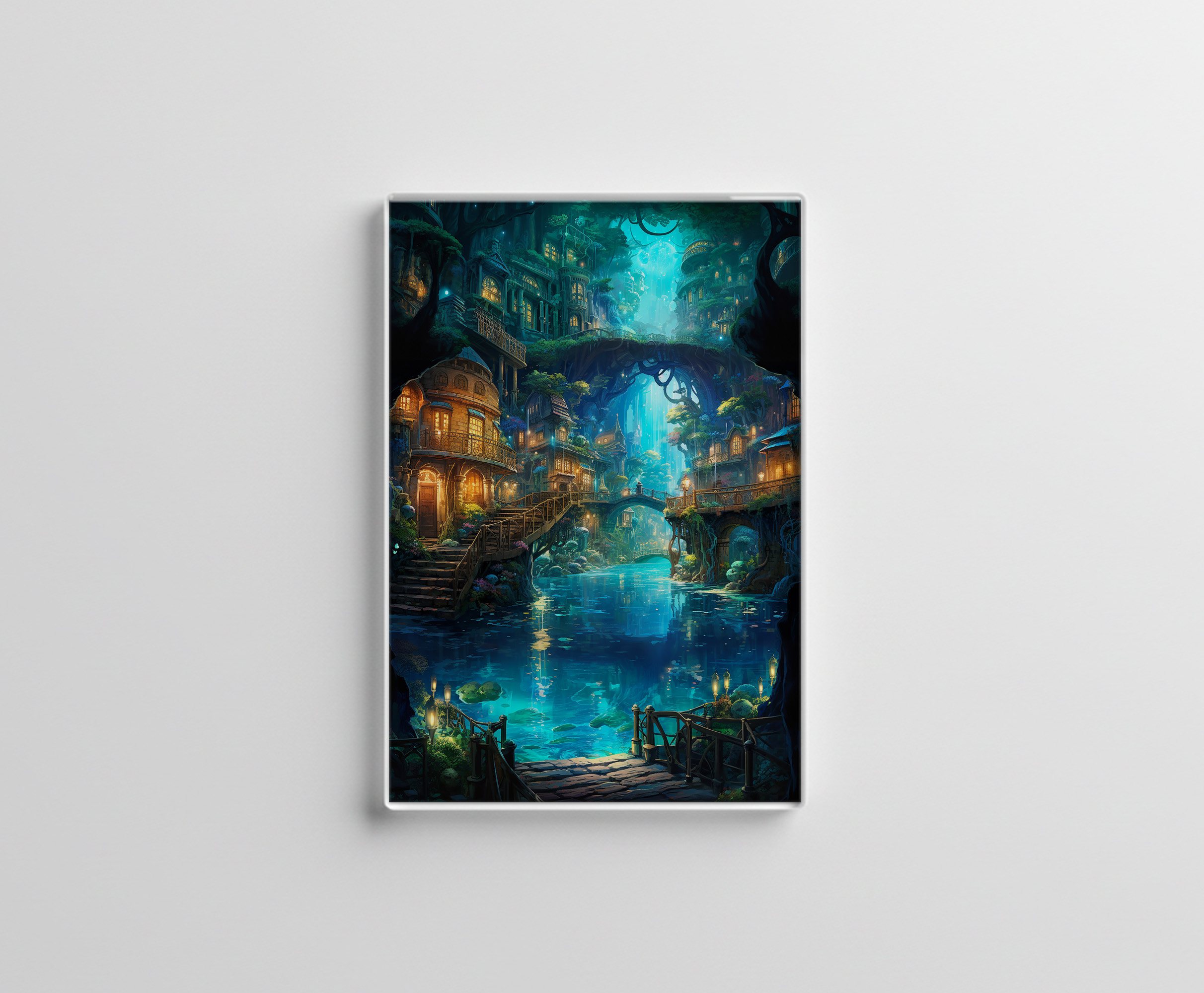 raxxa Glas-Magnet: Leuchtende Wasserstadt im Verborgenen Wald - Anime Stil