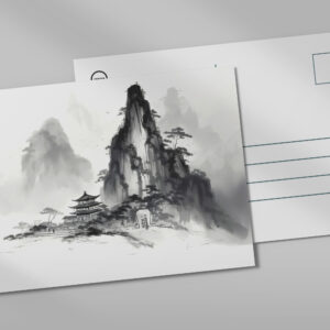 raxxa Postkarte: Kleiner Tempel am Berg - Tuschezeichnung
