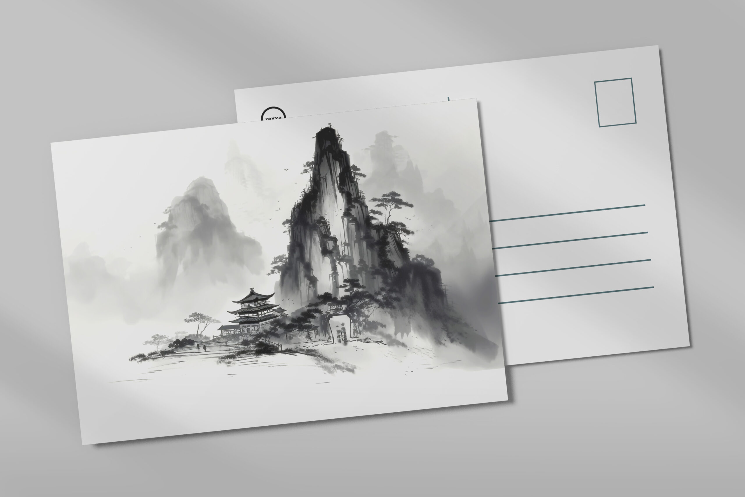 raxxa Postkarte: Kleiner Tempel am Berg - Tuschezeichnung