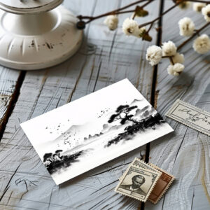 raxxa Postkarte: Landschaft mit Vögeln - japanische Tuschezeichnung