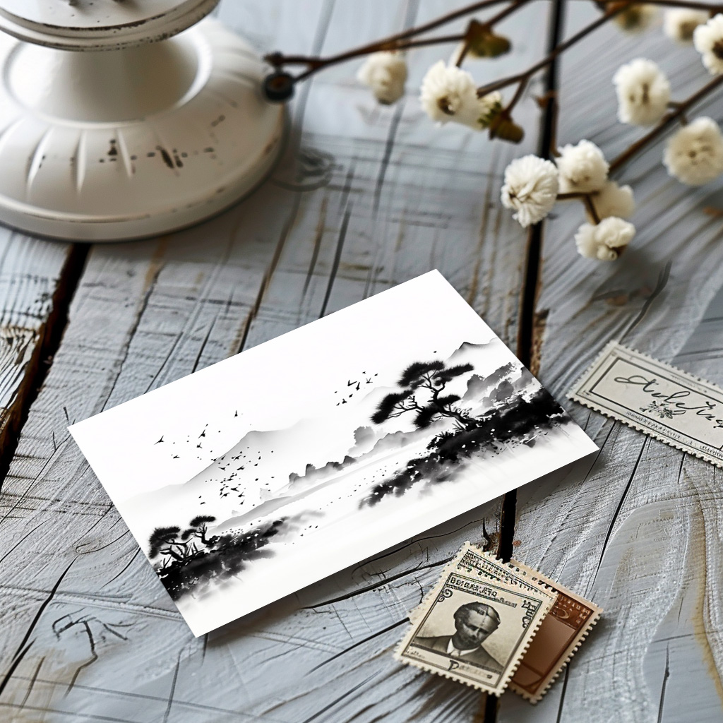 raxxa Postkarte: Landschaft mit Vögeln - japanische Tuschezeichnung