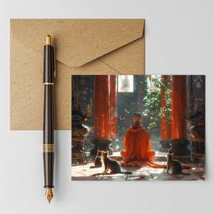 raxxa Postkarte: Buddhistischer Mönch in Meditation mit Katzen
