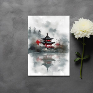 raxxa Postkarte: Roter Tempel im Nebel - japanische Tuschezeichnung