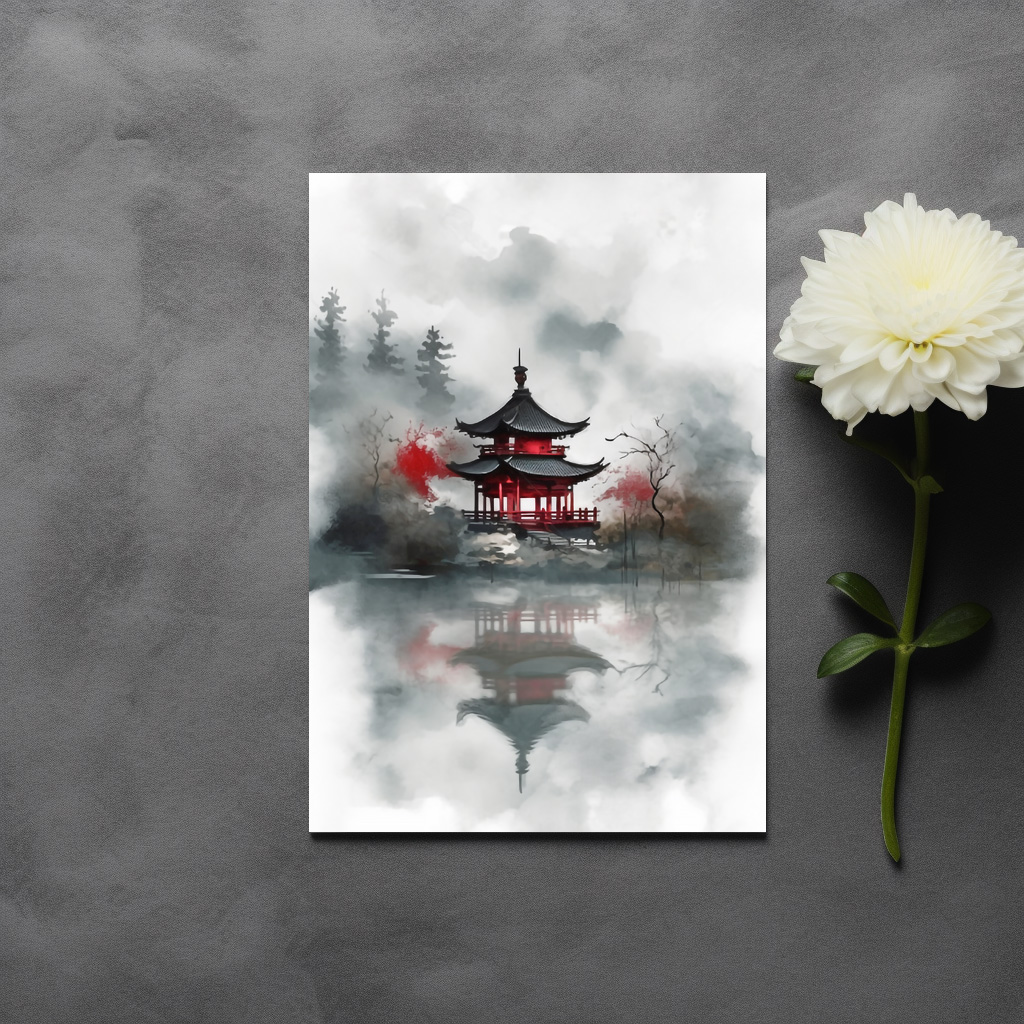 raxxa Postkarte: Roter Tempel im Nebel - japanische Tuschezeichnung