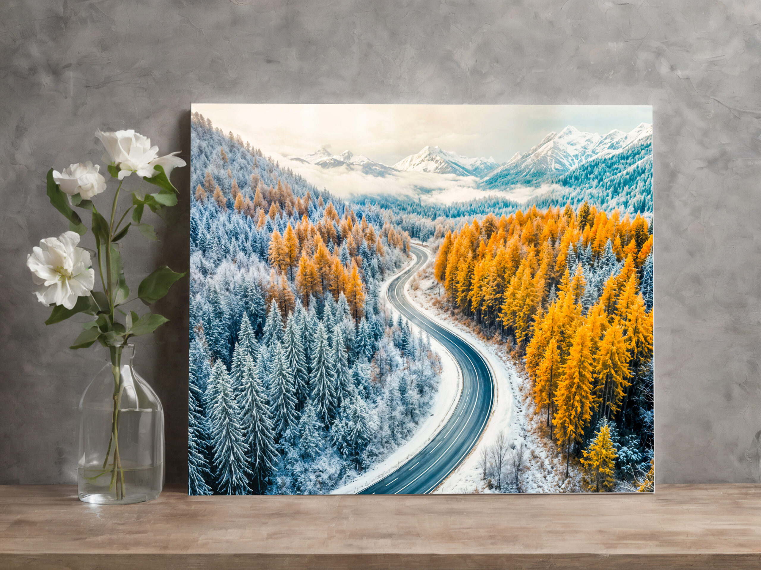 raxxa Canva: Winter Roads Through Mountain Forest with Orange Larches