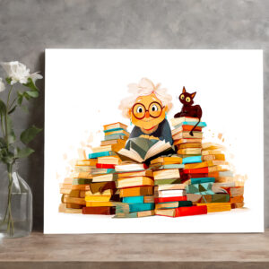 raxxa Canva: Senior woman reading in books with cheerful expressions