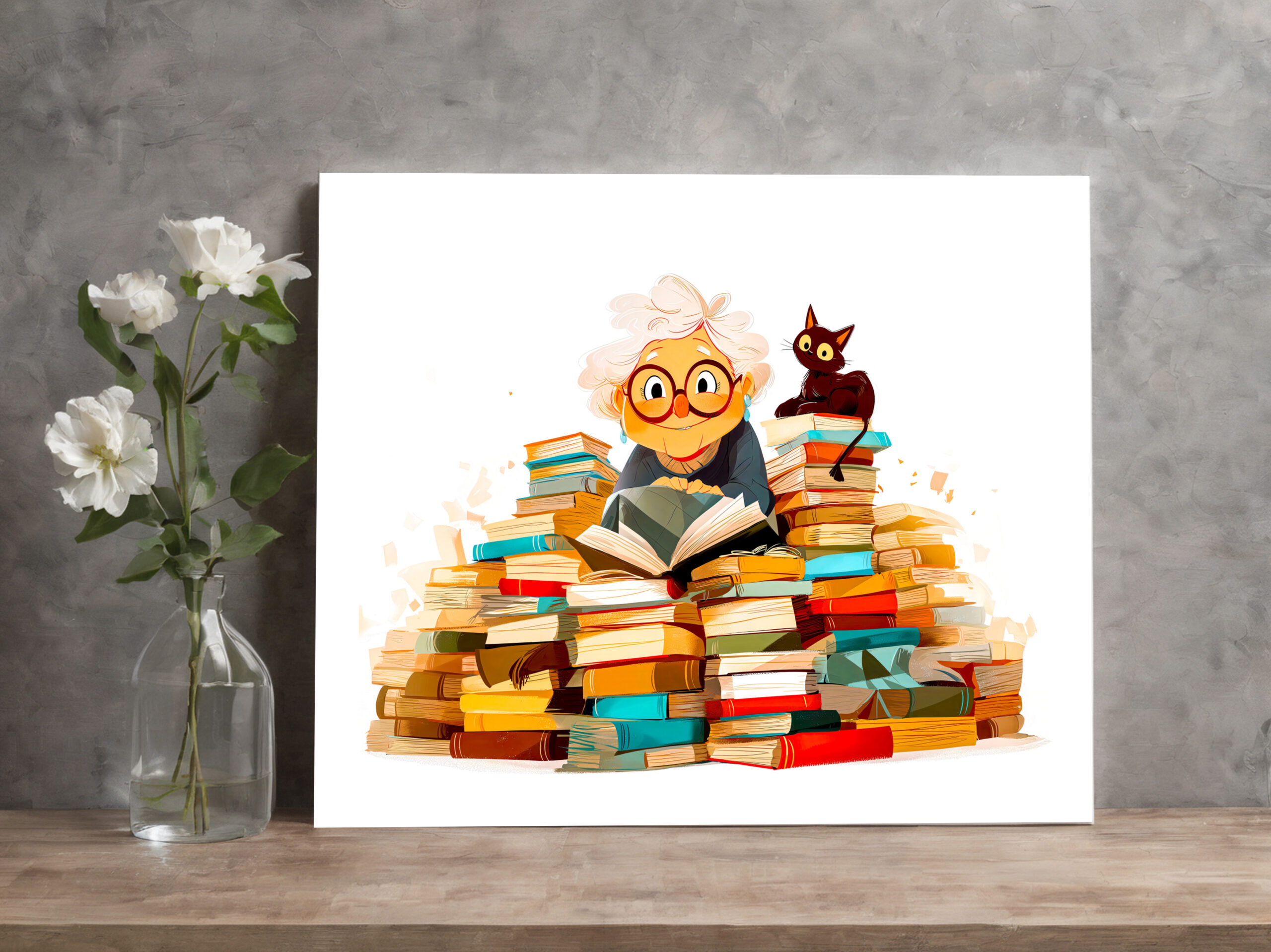 raxxa Canva: Senior woman reading in books with cheerful expressions