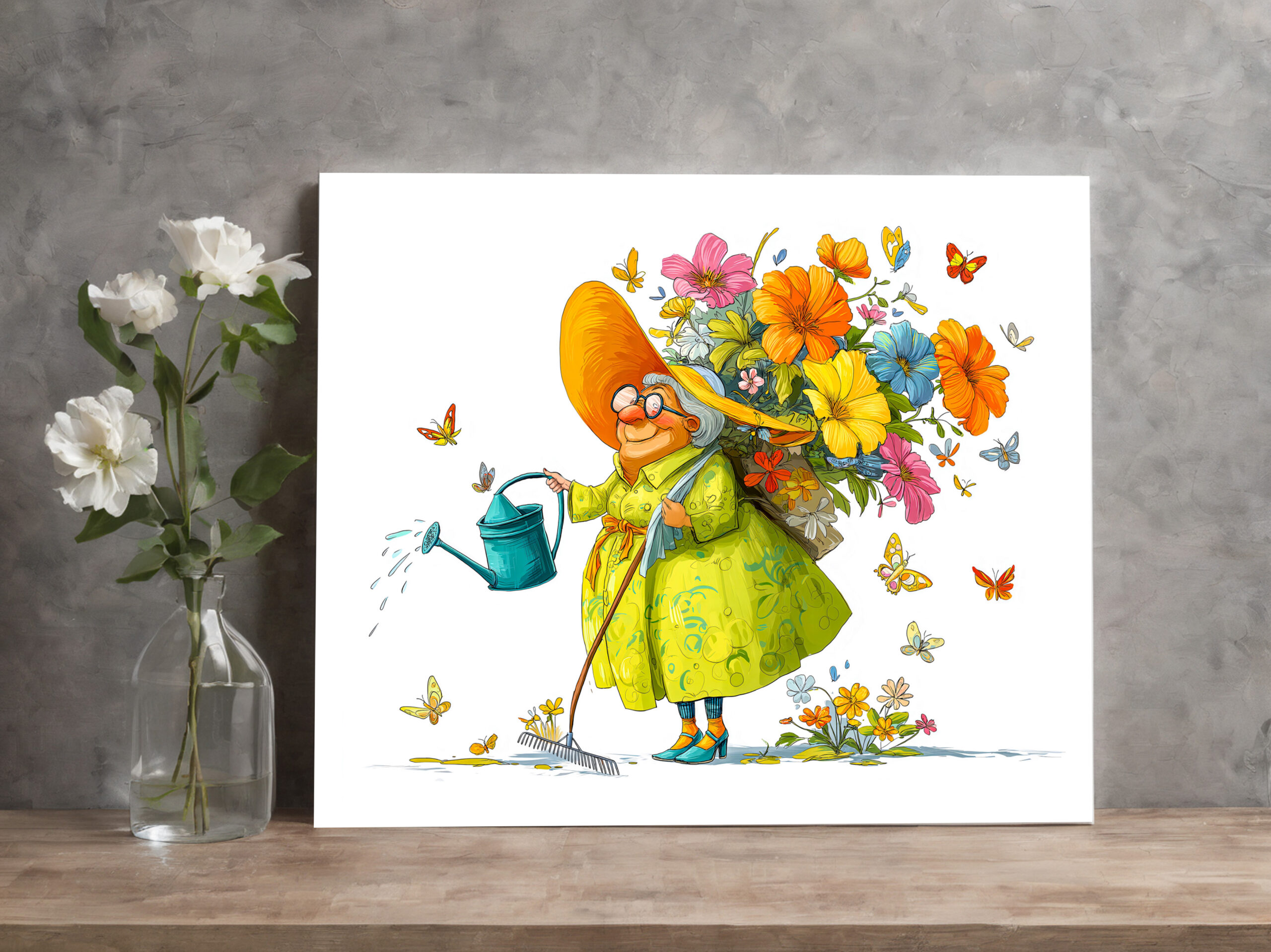 raxxa Canva: Funny illustration of grandma gardening with flowers - immagine 2