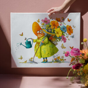 raxxa Canva: Funny illustration of grandma gardening with flowers
