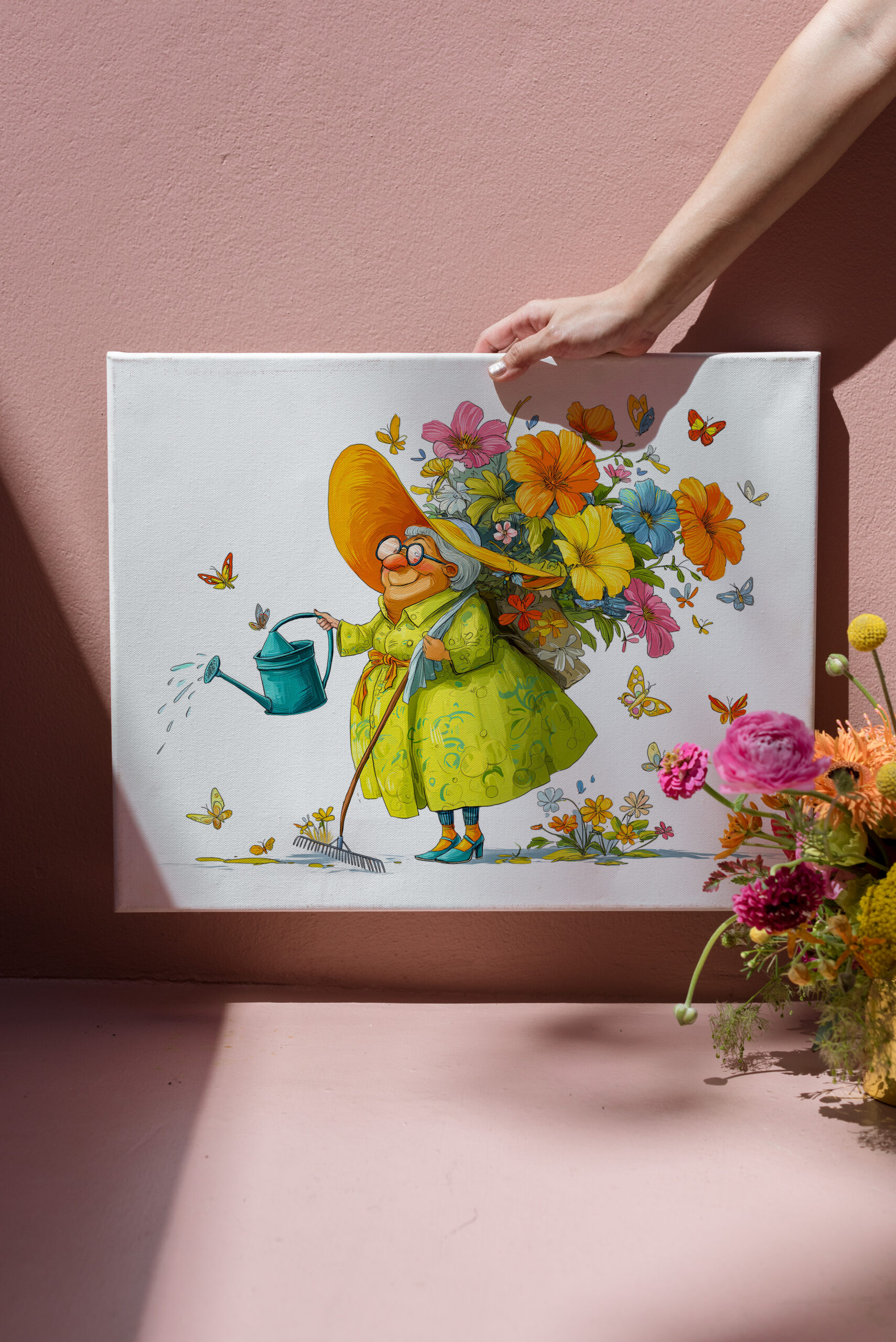 raxxa Canva: Funny illustration of grandma gardening with flowers