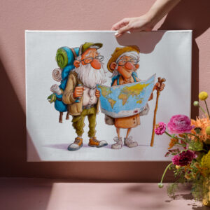raxxa Canva: Elderly couple hiking with backpacks and walking sticks