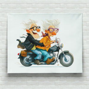 raxxa Canva: Funny illustration of seniors riding motorcycle