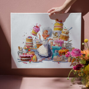 raxxa Canva: Funny illustration of grandma baking cakes